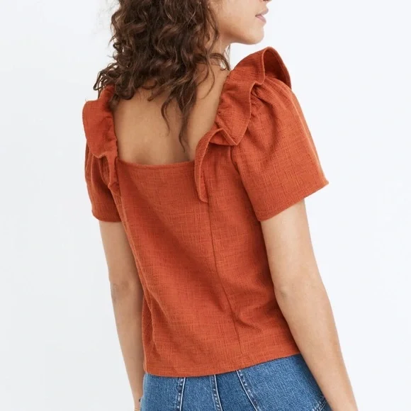 Madewell Ruffle Sleeve Top Rust Orange Square Neck Textured S - Picture 12 of 12